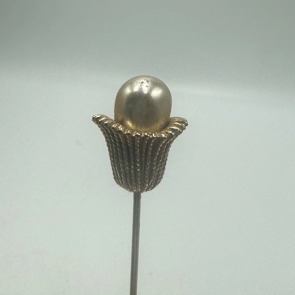 Vintage Faux Pearl Tulip Stick Pin Gold Tone Textured Floral Lapel Hat Pin